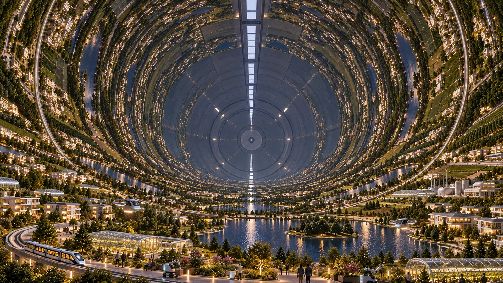 Small settlements and continuous ground wrapping around the inside of a cylindrical space habitat